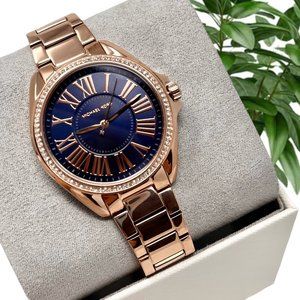 NWT MICHAEL KORS Kacie Rose-Gold Tone Navy Dial Crystals MK6930 Watch